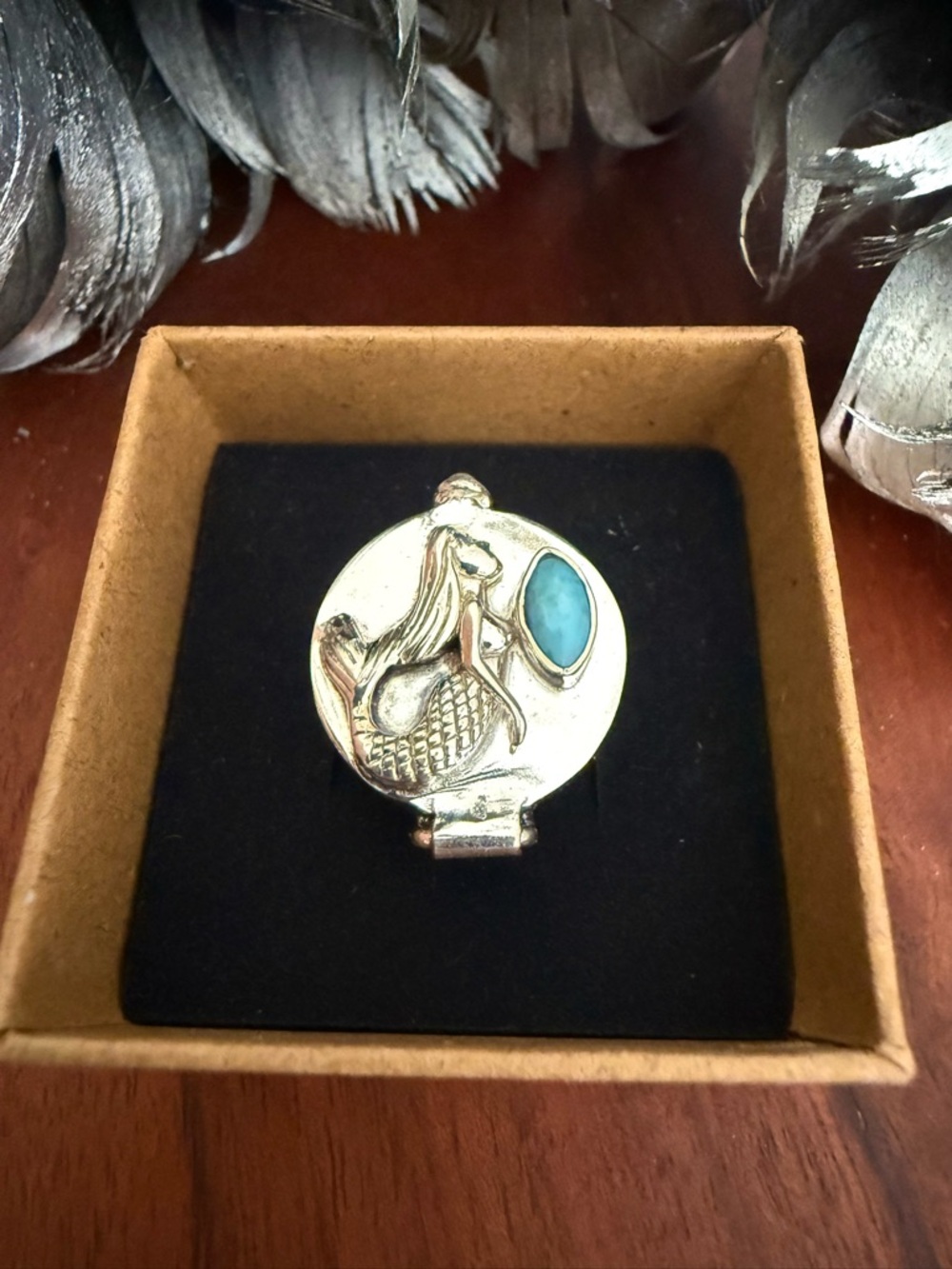 Larimar Mermaid Sterling Silver Plated Poison Locket Ring Statement Jewelry